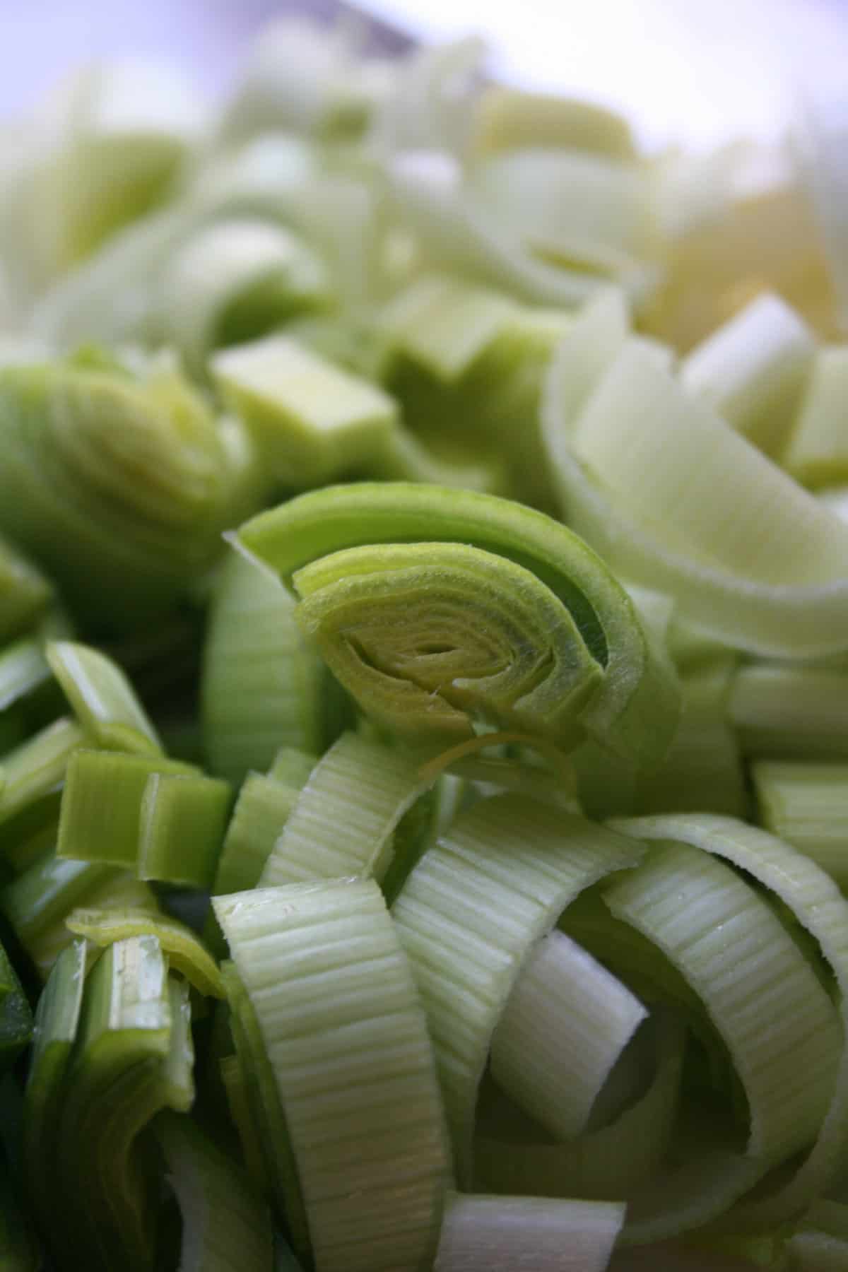 Close up of sliced leeks.