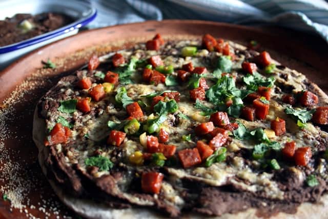Pizza with Refried Beans, Chorizo and Jalapeño - a Mexican-inspired pizza which is full of flavour and simple to make | eatloveeats.com