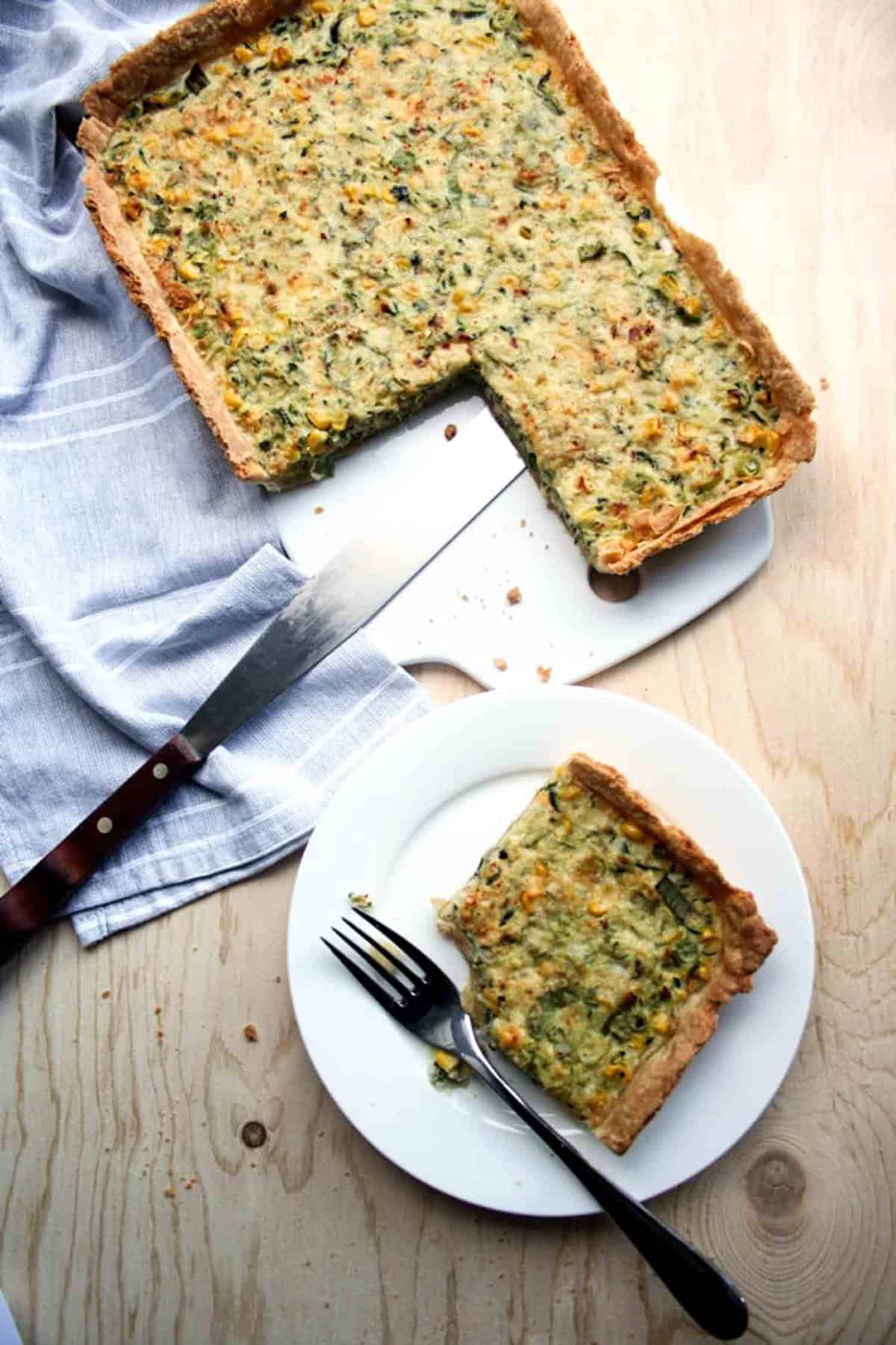 A slice taken from a tart and served on a plate with a fork.