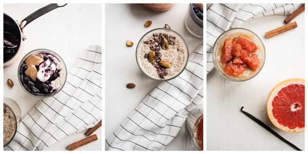 An array of photos of chia pudding in glasses with three different toppings.