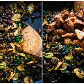 Side by side of the enchilada filling in a skillet with a spatula.