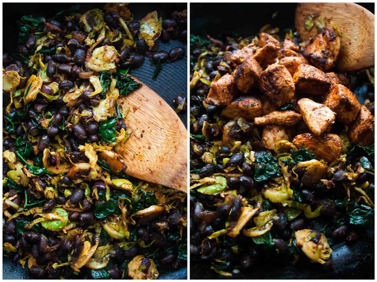 Side by side of the enchilada filling in a skillet with a spatula.