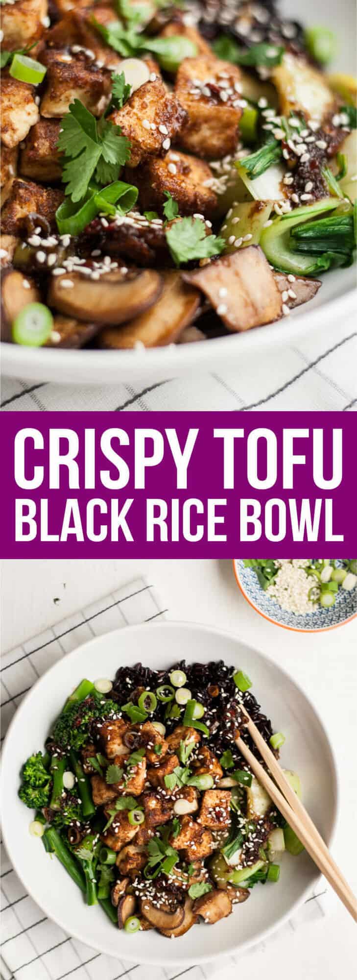 A banner \"crispy tofu black rice bowl\" with bowls of crispy tofu photos behind.