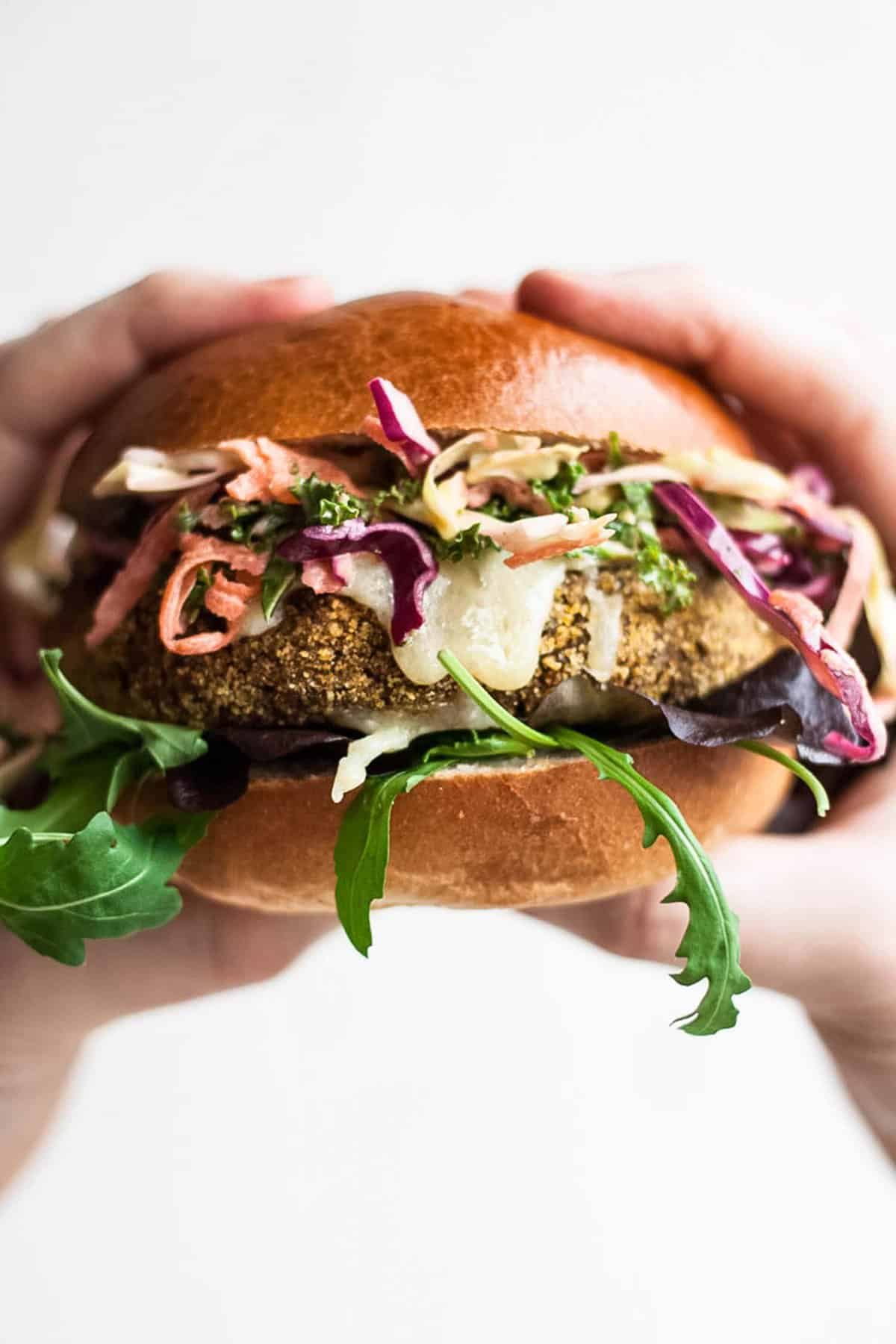 A veggie burger with slaw being held by two hands.