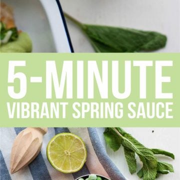 A banner worded "5 minute vibrant spring sauce" with a photo in the background.