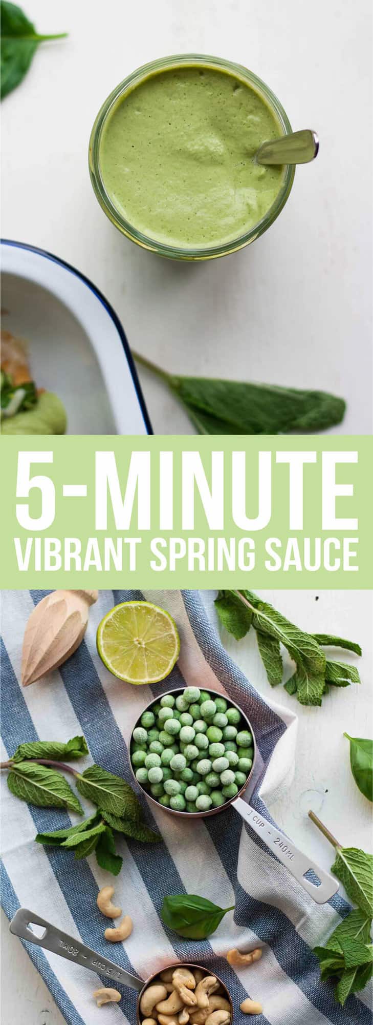 A banner worded \"5 minute vibrant spring sauce\" with a photo in the background.