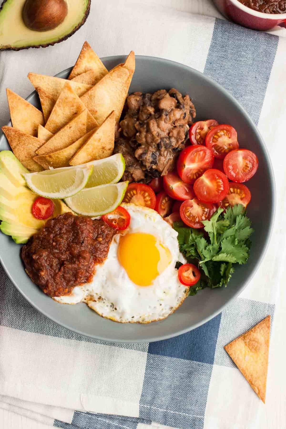 A bowl of deconstructed huevos rancheros. 