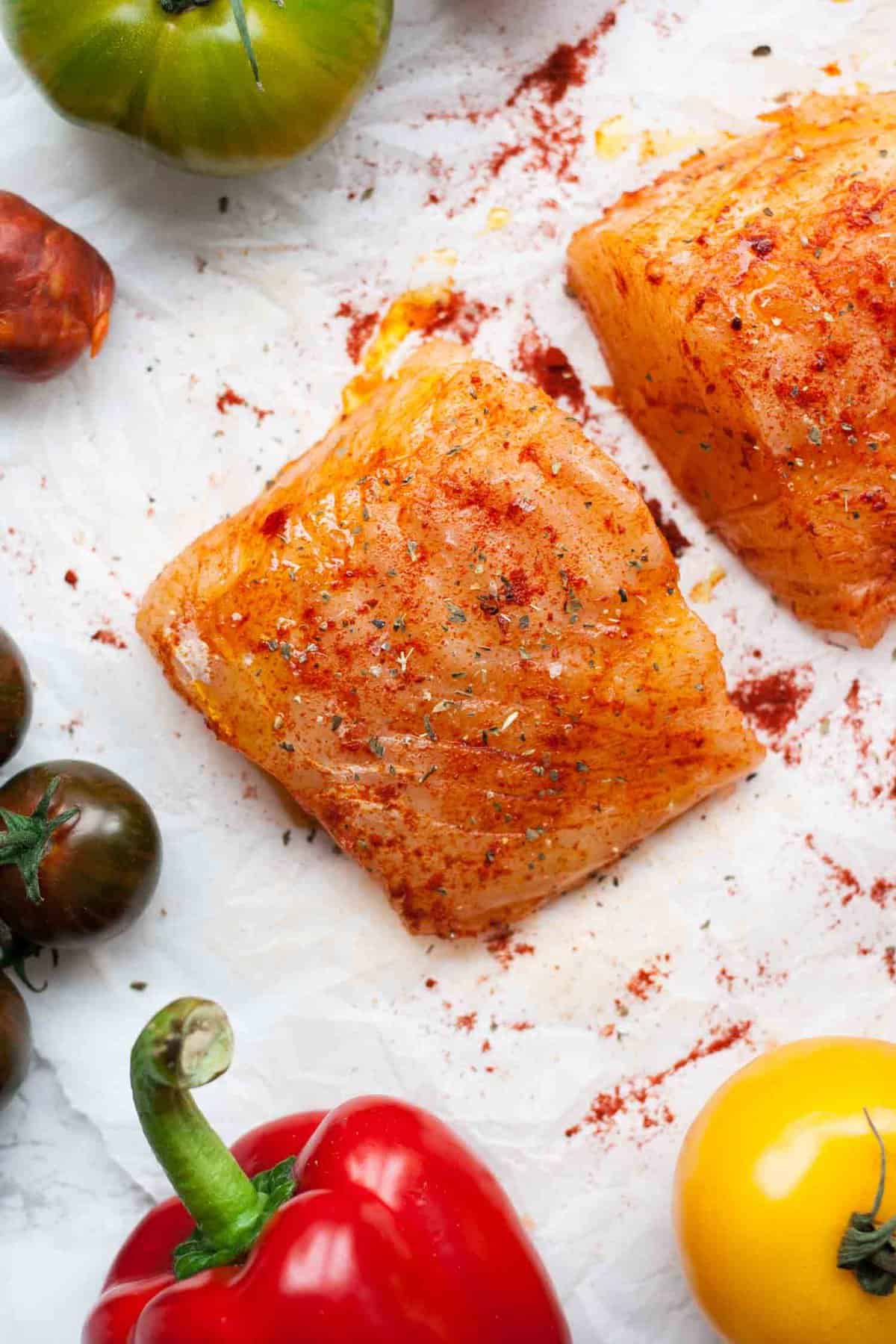 Marinated cod on parchment with fresh tomatoes poking in from the sides.