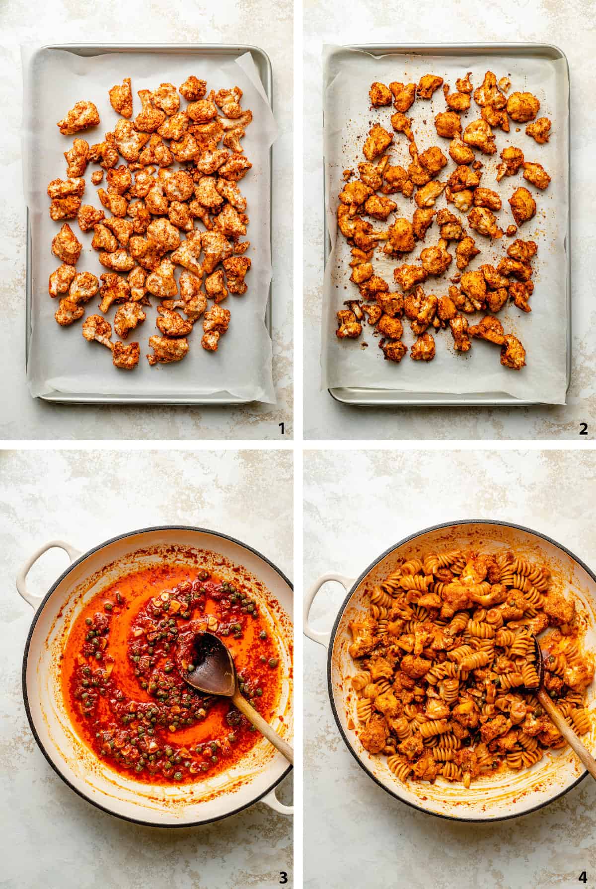 Process of spicing cauliflower, roasted cauliflower and making nduja sauce.