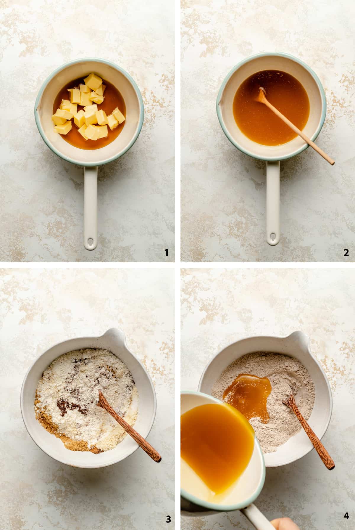 Process steps of melting the butter and honey together, the dry ingredients being mixed together and pouring over the liquid.