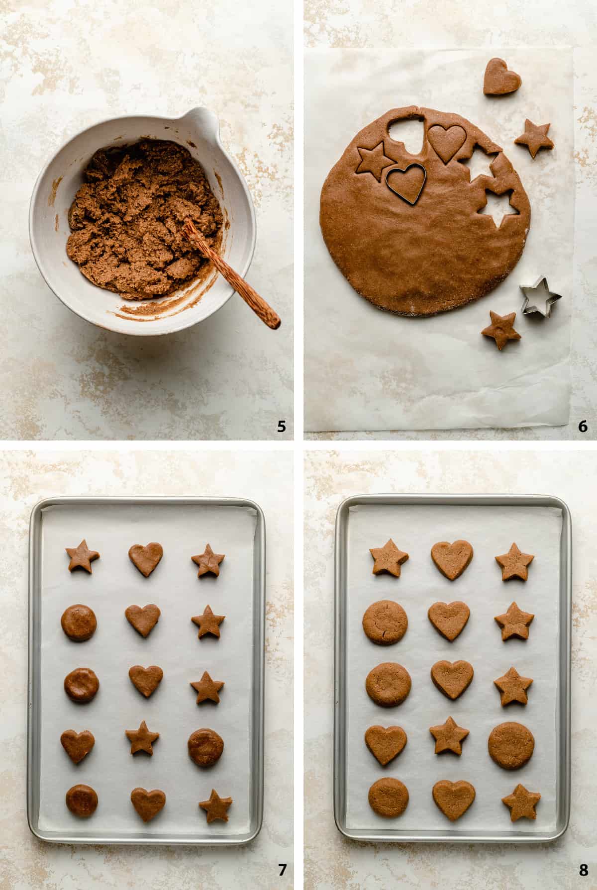 Process steps of the dough in a bowl, being rolled out, cut into shapes and baked. 