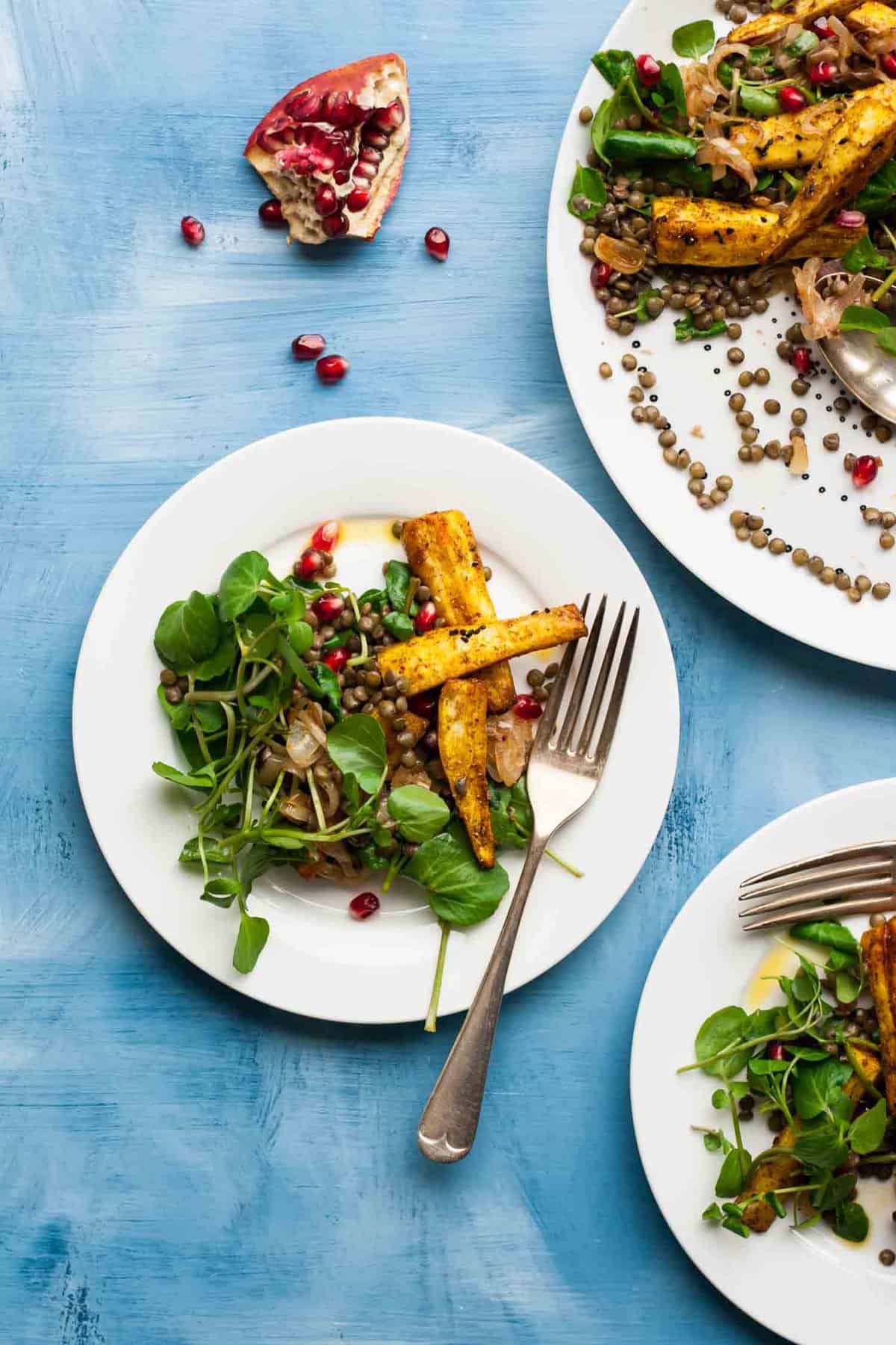 A close up of a plate with parsnip and lentil salad with a fork.