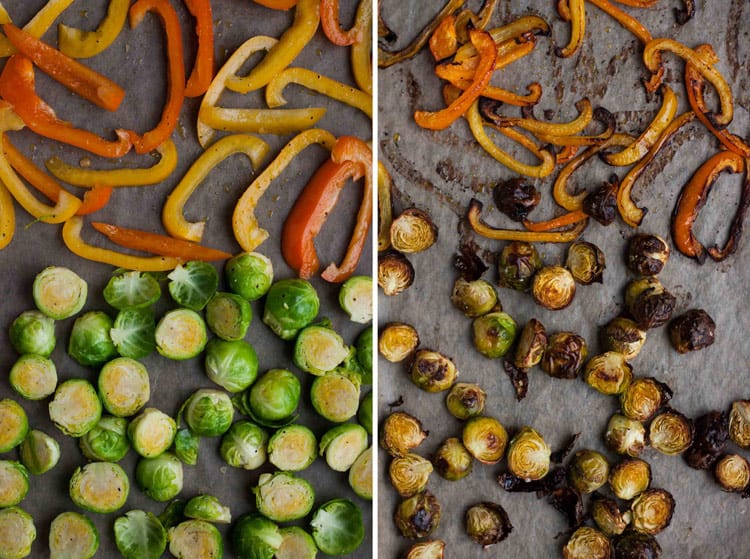 A before and after roasting tray shot showing the red peppers and brussels sprouts.