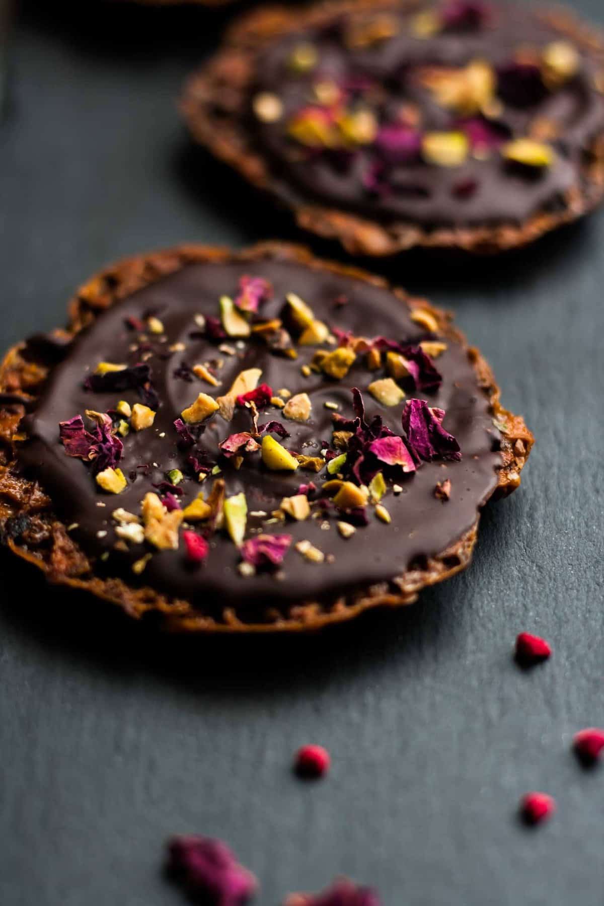 Close up of an almond florentine.