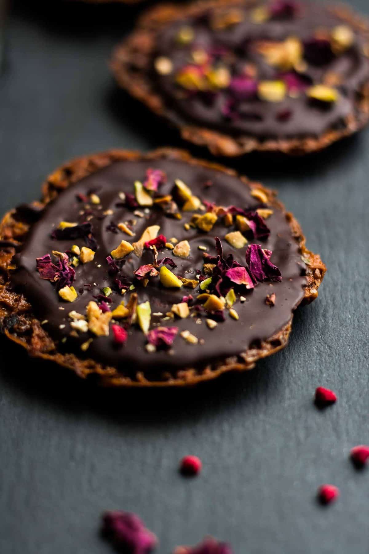 Close up of an almond florentine. 