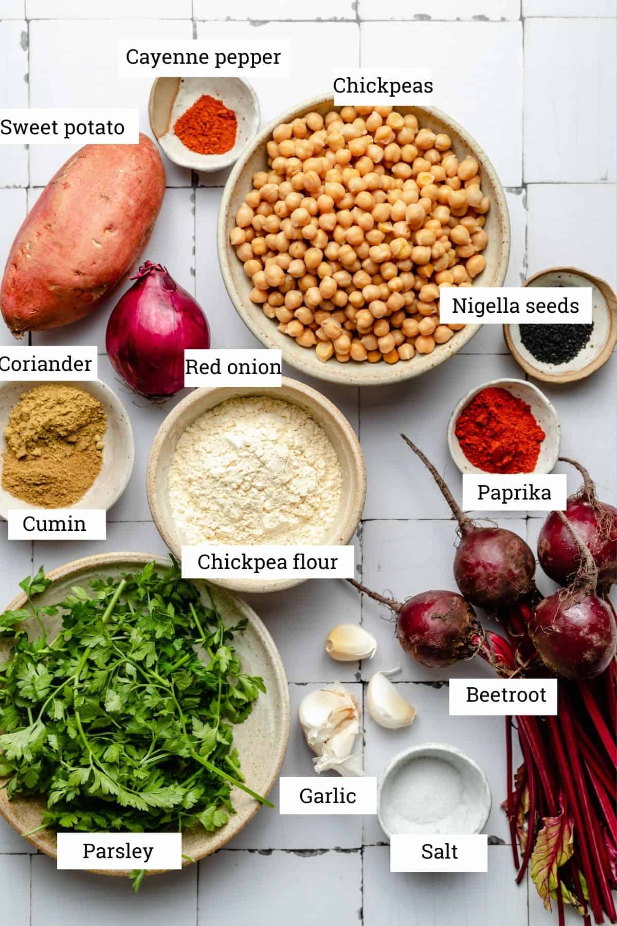 Ingredients for the beetroot falafel in bowls with labels.