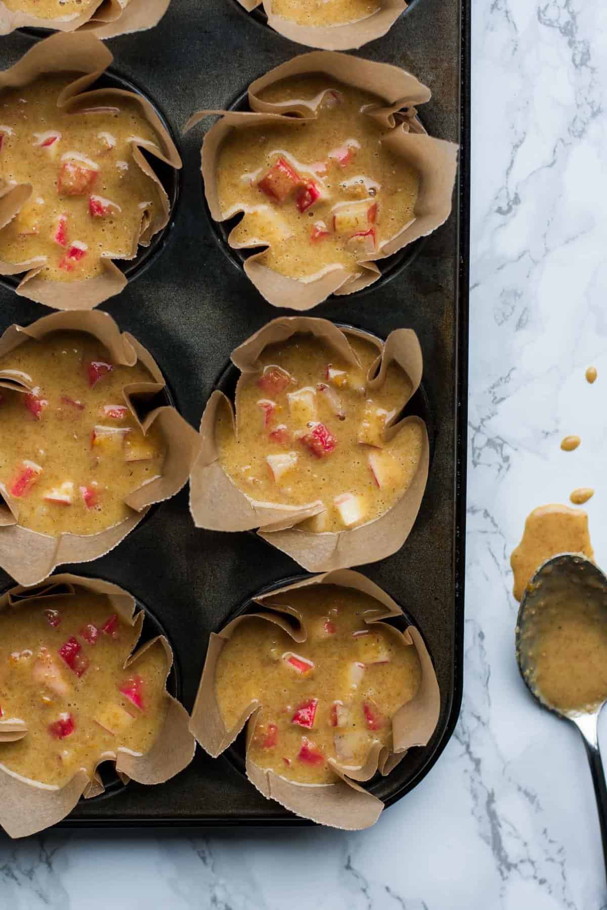 Pre baked orange and rhubarb muffins in liners.