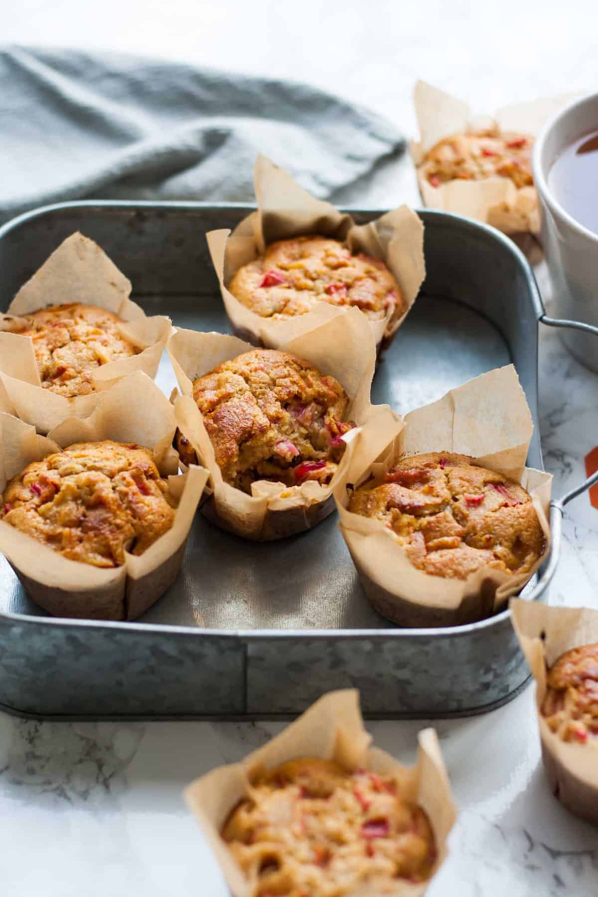 A tray with a selection of blood orange rhubarb muffins.