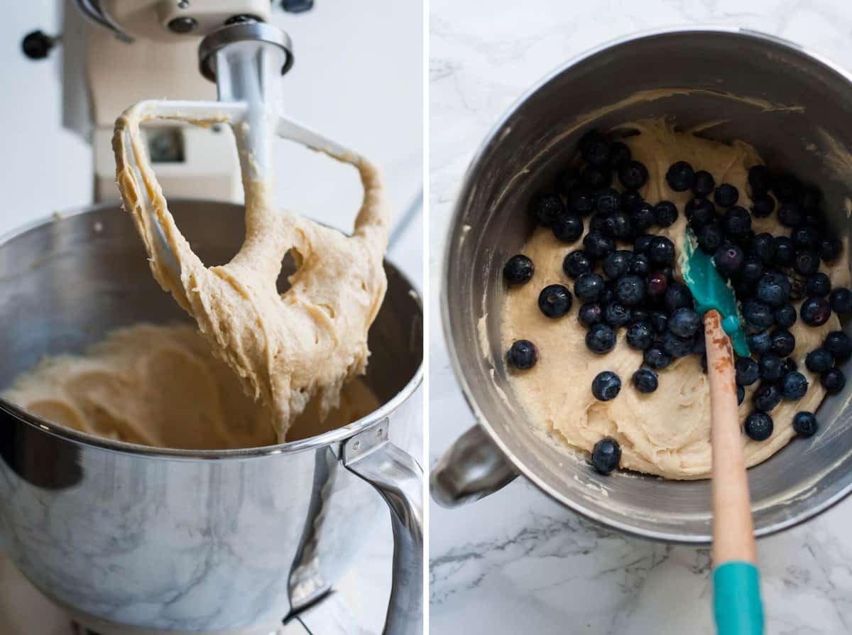 Process of mixing cake batter and stirring in blueberries.