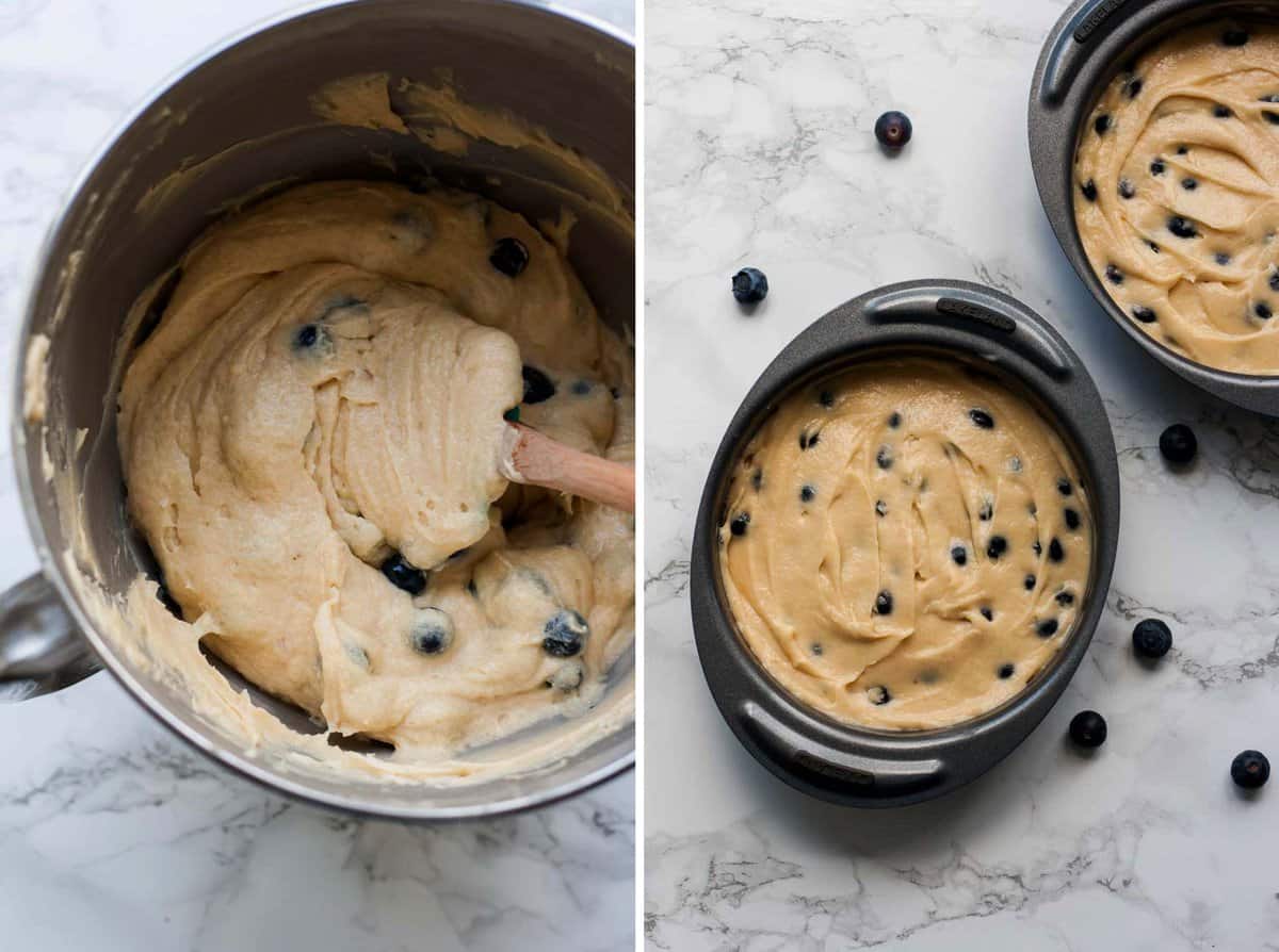 Blueberry cake batter in a bowl and cake tins.