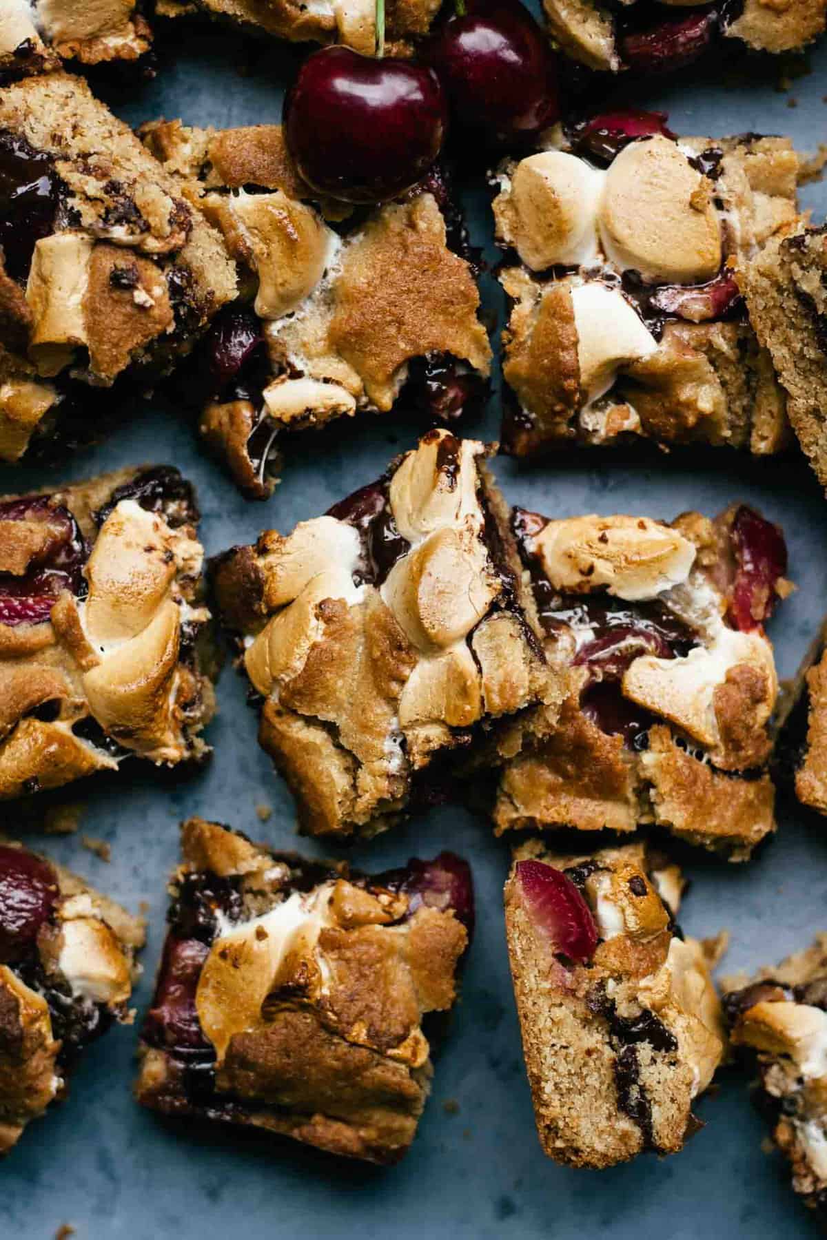 Close up of cherry s\'mores cut up.