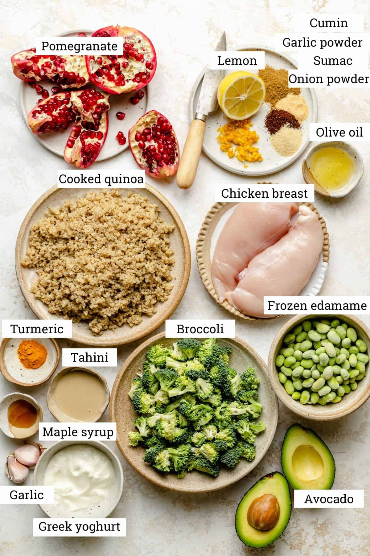 Ingredients for the chicken quinoa salad.