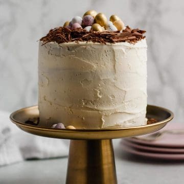 Chocolate chip cake frosted and on a copper cake stand.