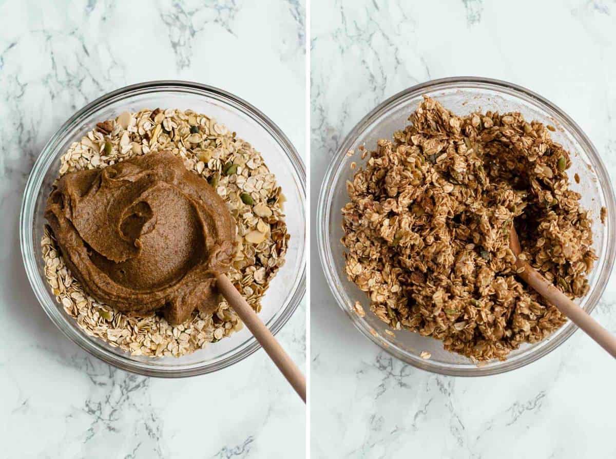 Process steps of creating the date ginger granola in a bowl with a spoon.