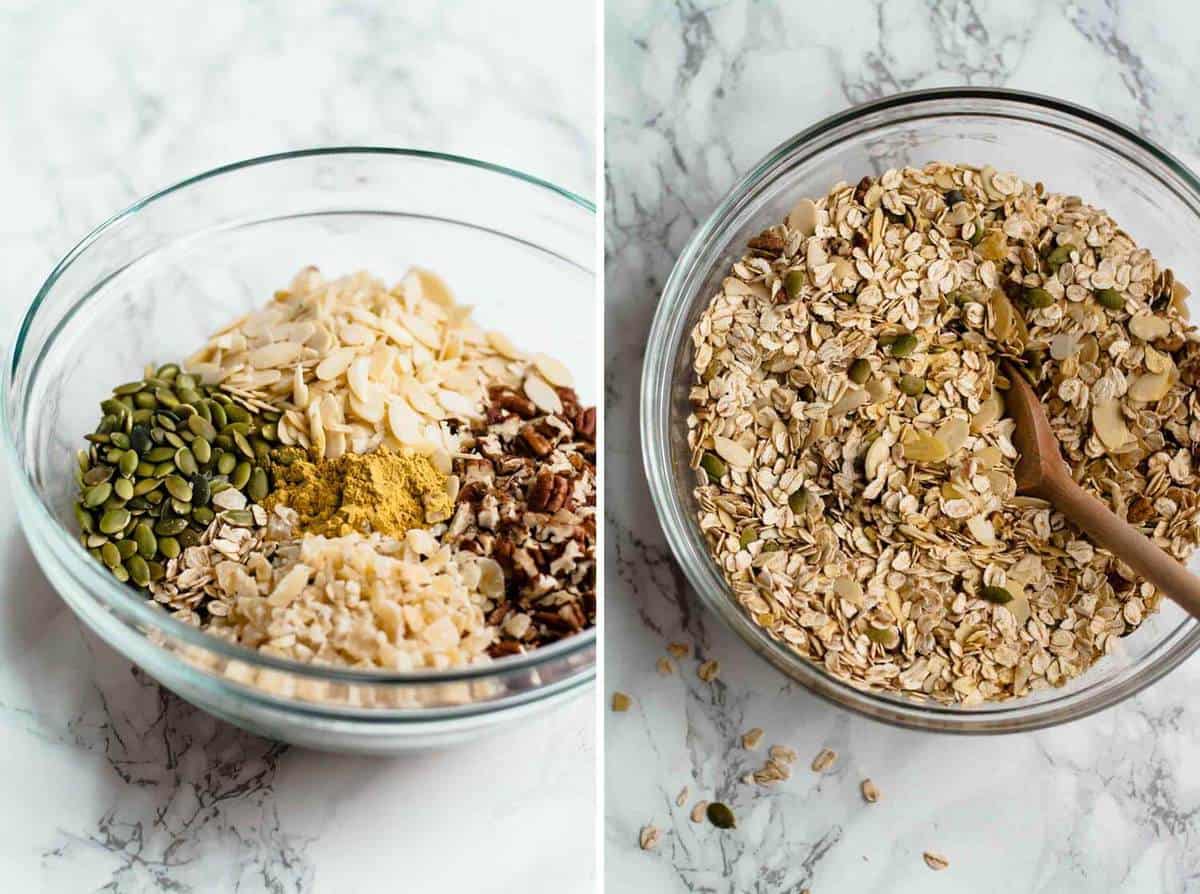 Process steps of granola ingredients before and after mixing in a bowl with a spoon.