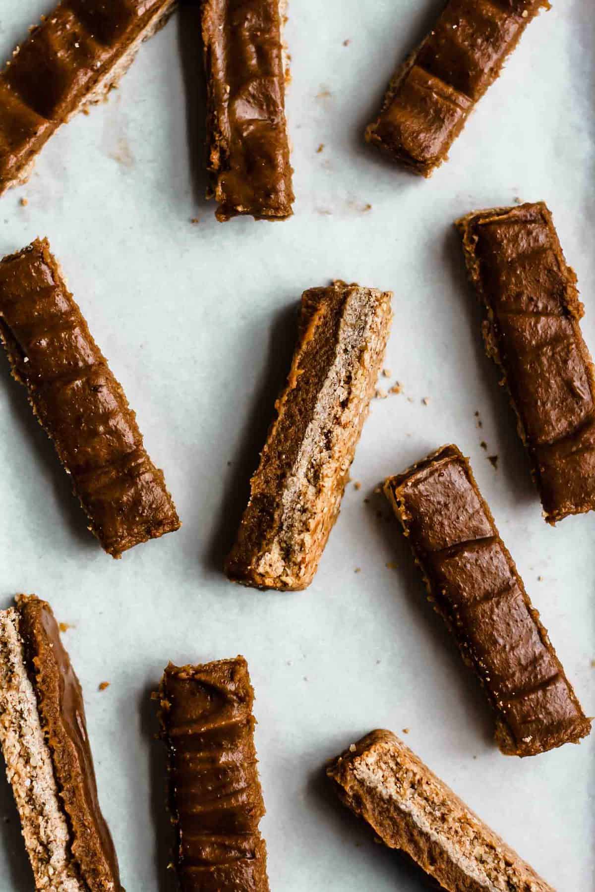 multiple caramel biscuit bars before coating in chocolate.