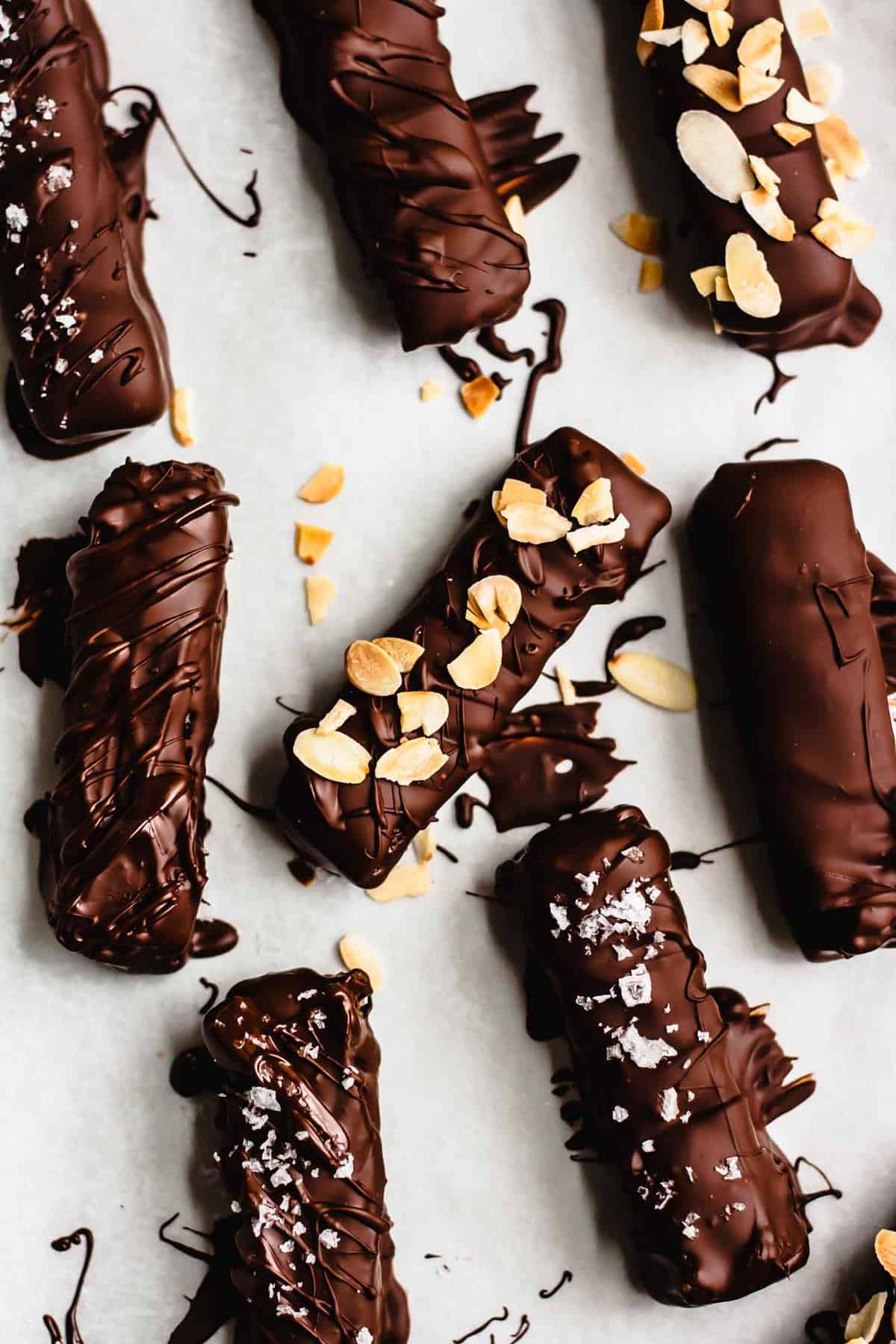 An array of caramel chocolate bars on a table.