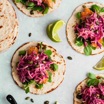 Crispy Chicken Tacos with Beetroot & Apple Slaw