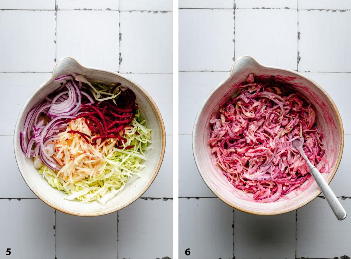 Process steps of slaw ingredients in bowl and the finished slaw in a bowl with a spoon.