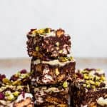 Christmas rocky road cut up and stacked, showing the insides.