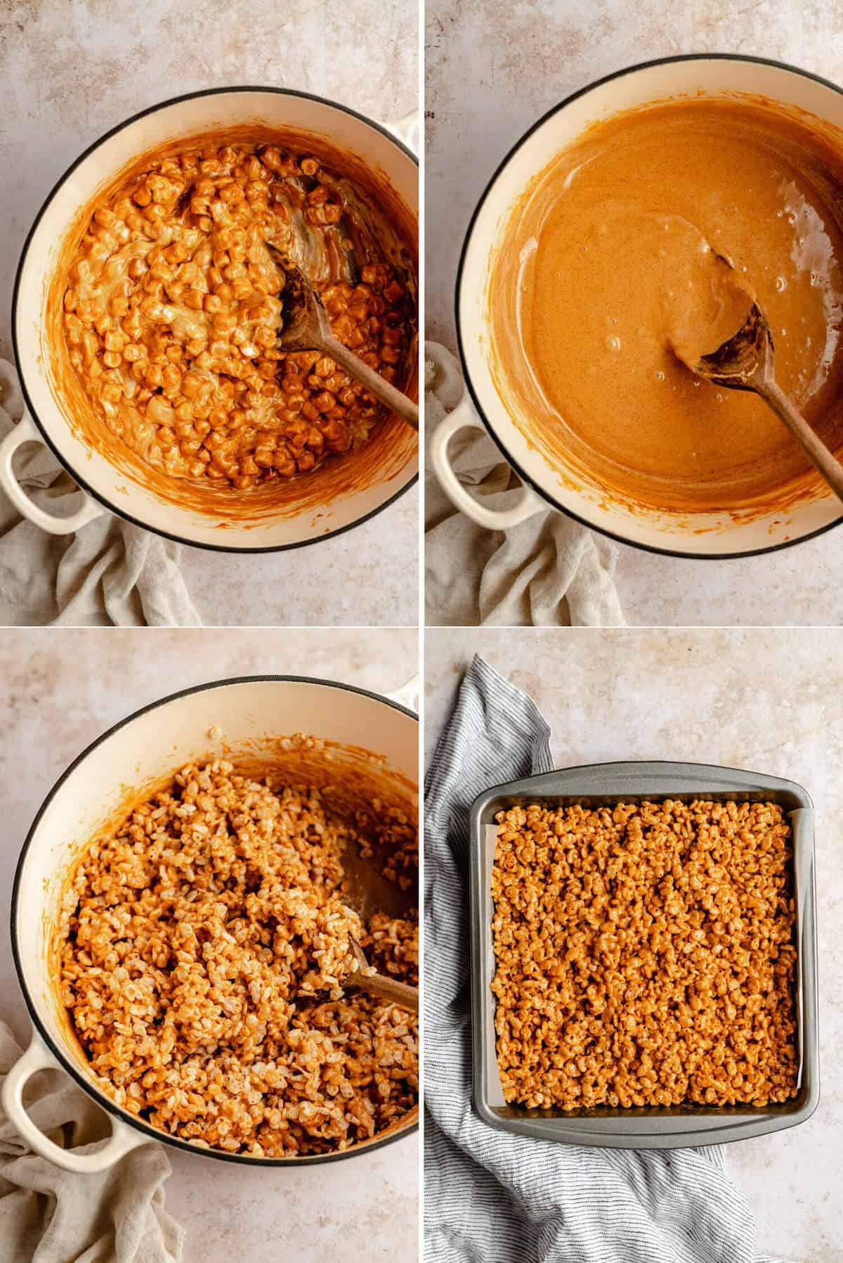 Process photos of making the melted marshmallow caramel sauce and stirring the mixture into rice krispies