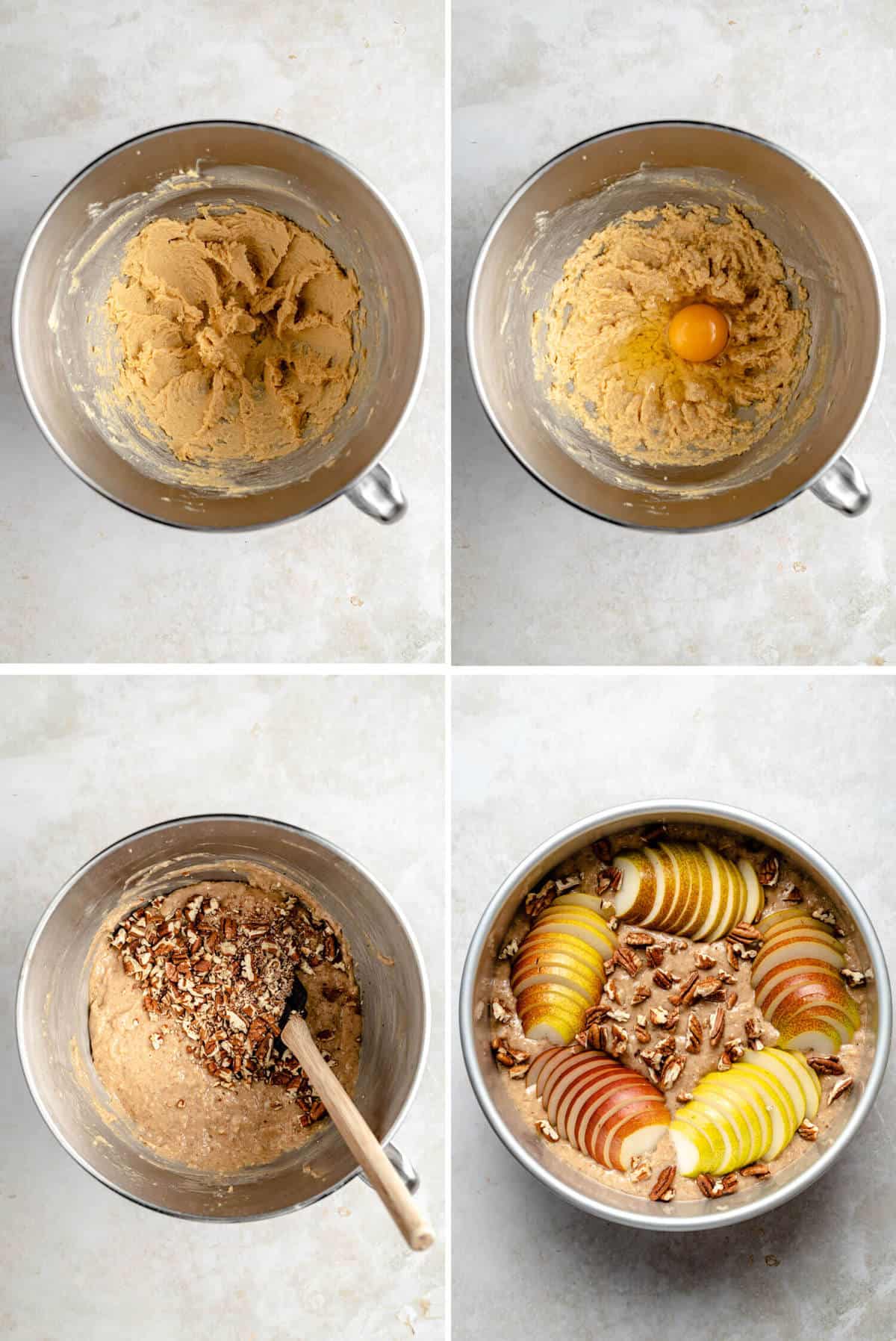 Process steps of making the pear cake batter and it in a cake tin before baking.
