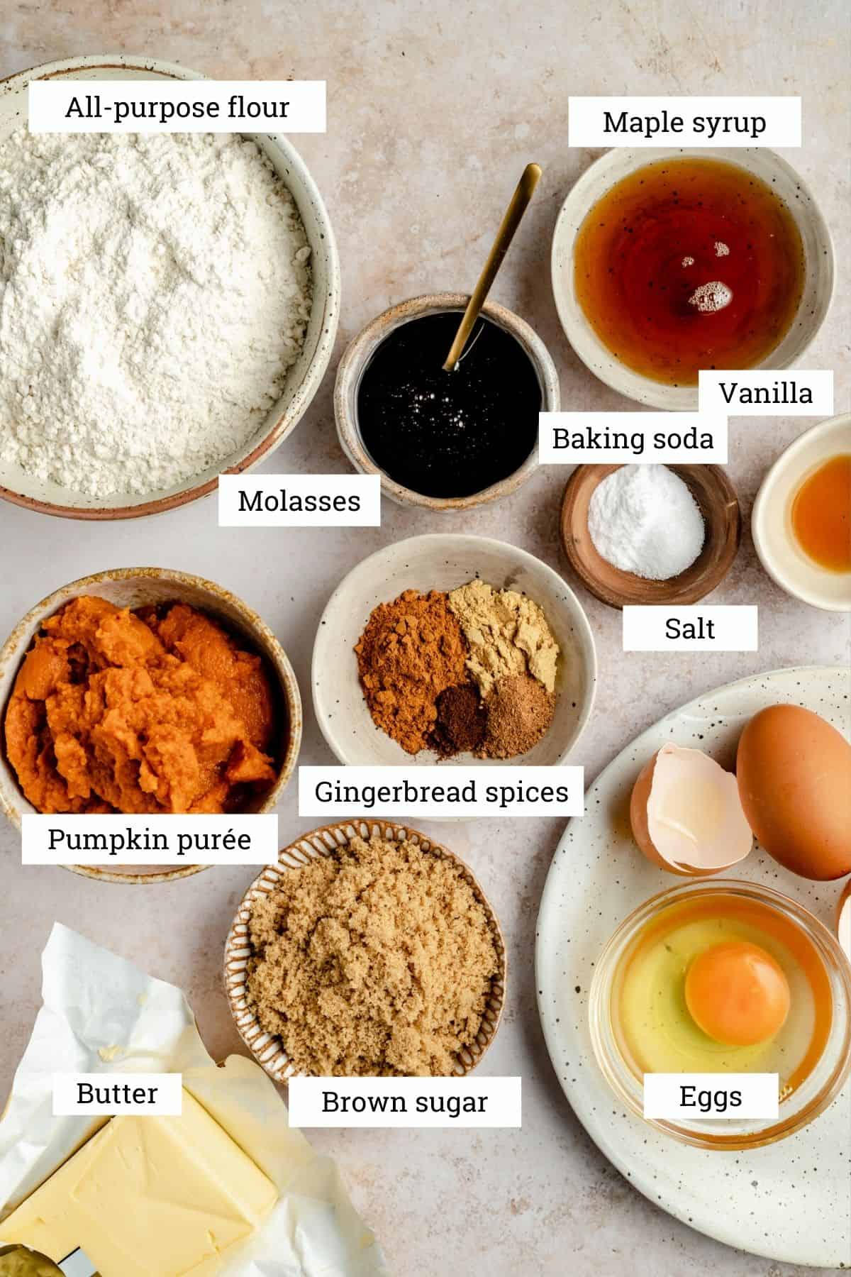 Overhead photo of various bowls of ingredients from the recipe.