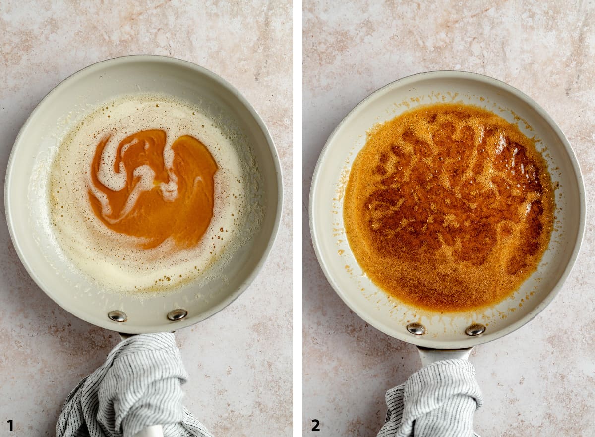 3 step photo collage of browning the butter and final shot of the brown butter caramel glaze