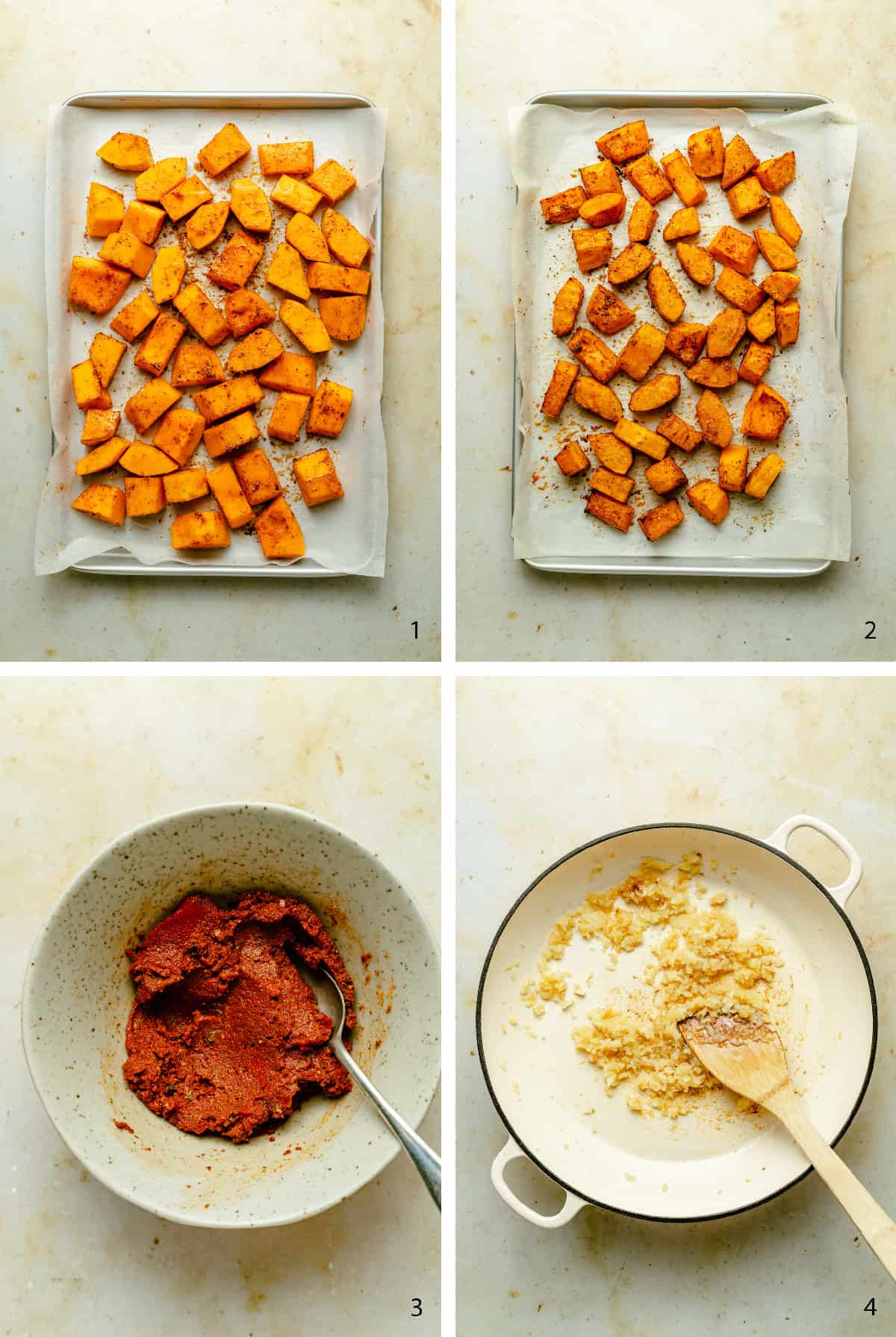 Process photos of roasted butternut squash and curry paste being made.