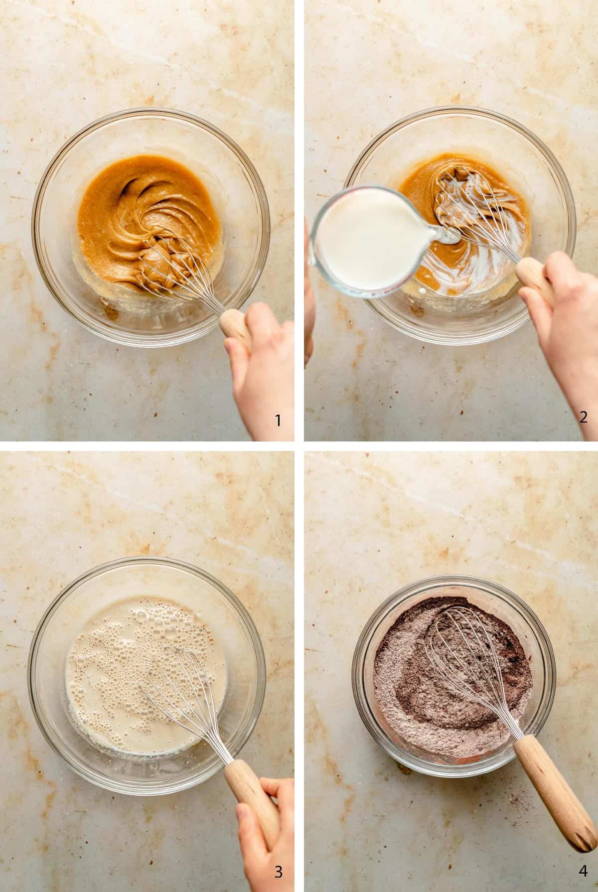 Process steps of making the batter for the pancakes in a bowl with a whisk