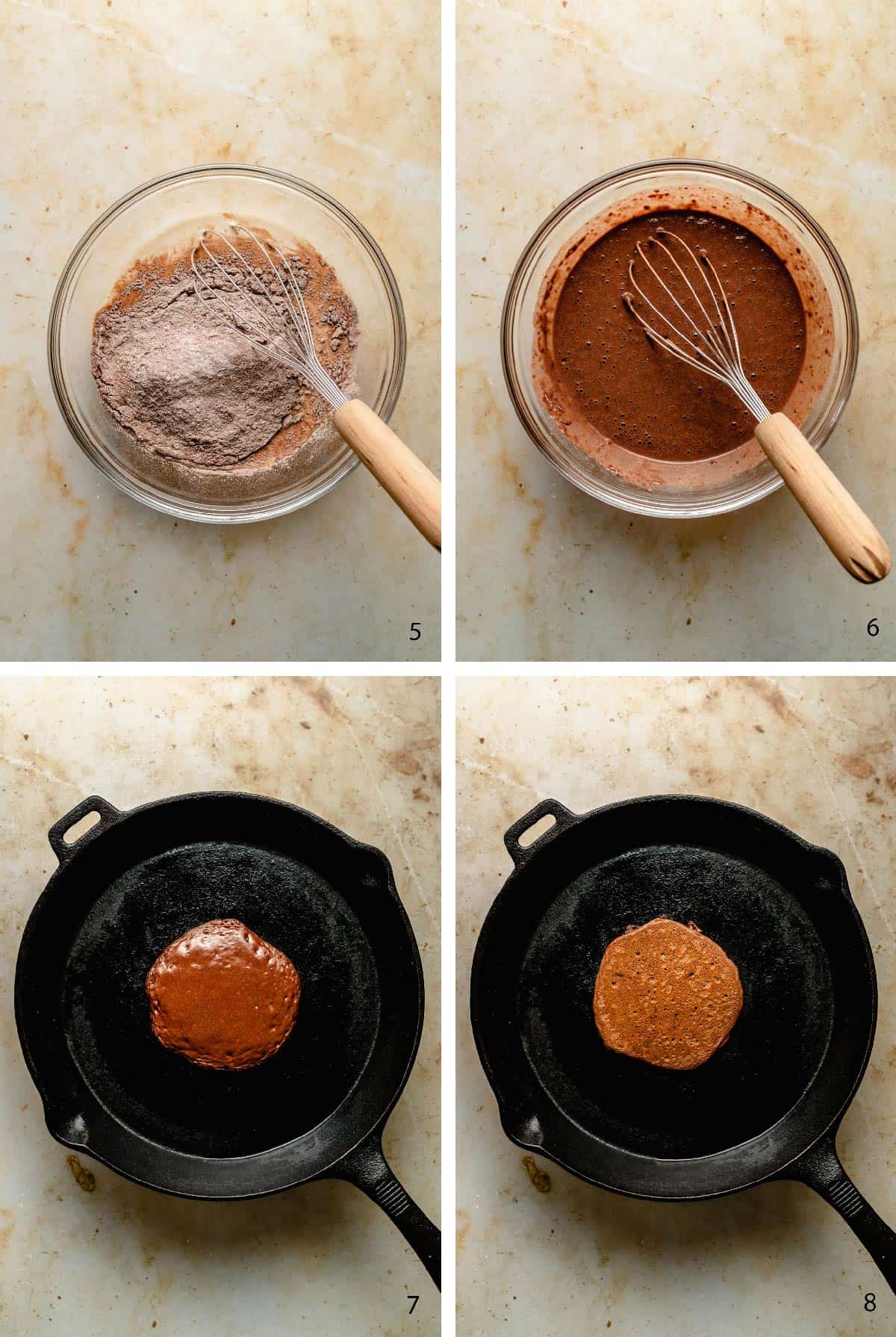 Process steps of cooking the pancakes with cocoa powder in a pan.