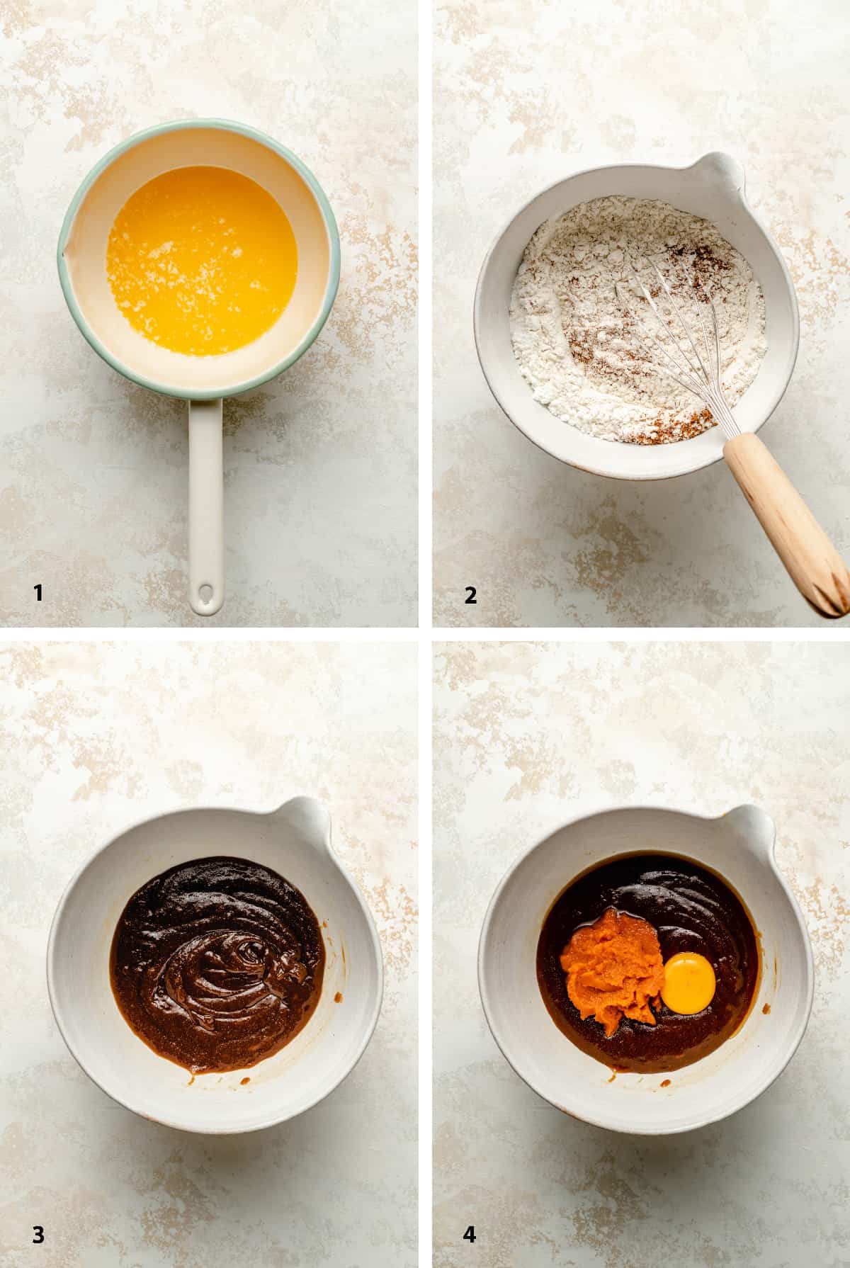 Process steps of making the cookie batter showing the texture of the melted sugars and butter.