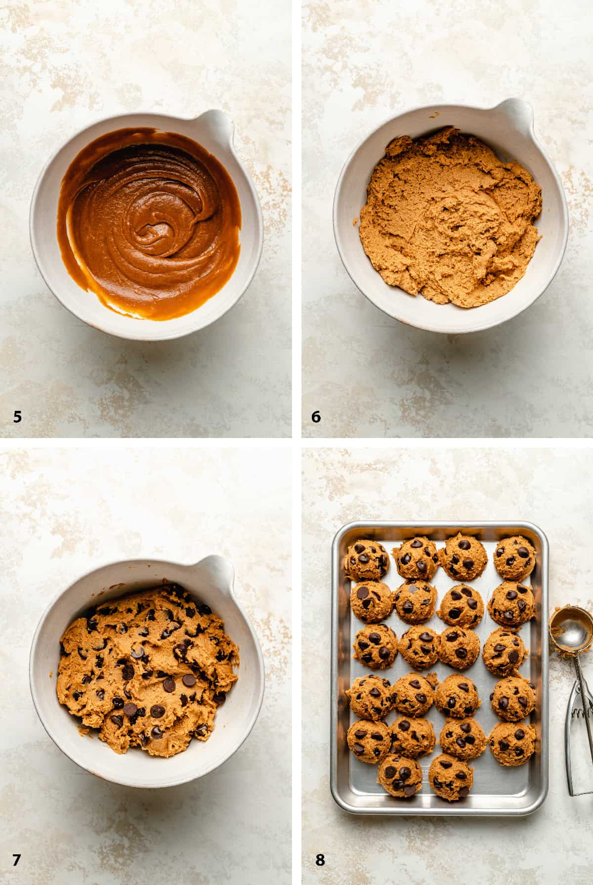 Process steps of making the chocolate chip cookie dough.
