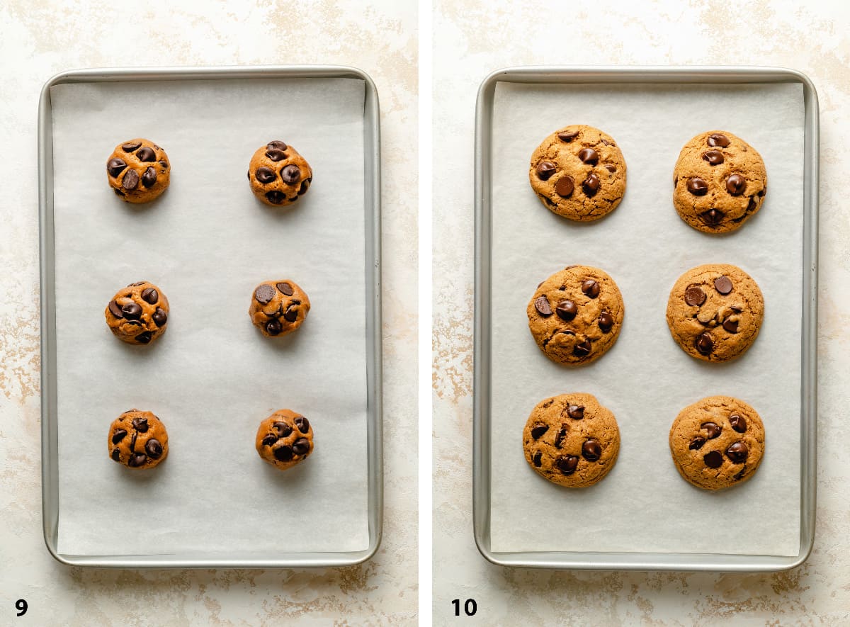 Pre and post baking cookies on a tray lined with parchment paper.