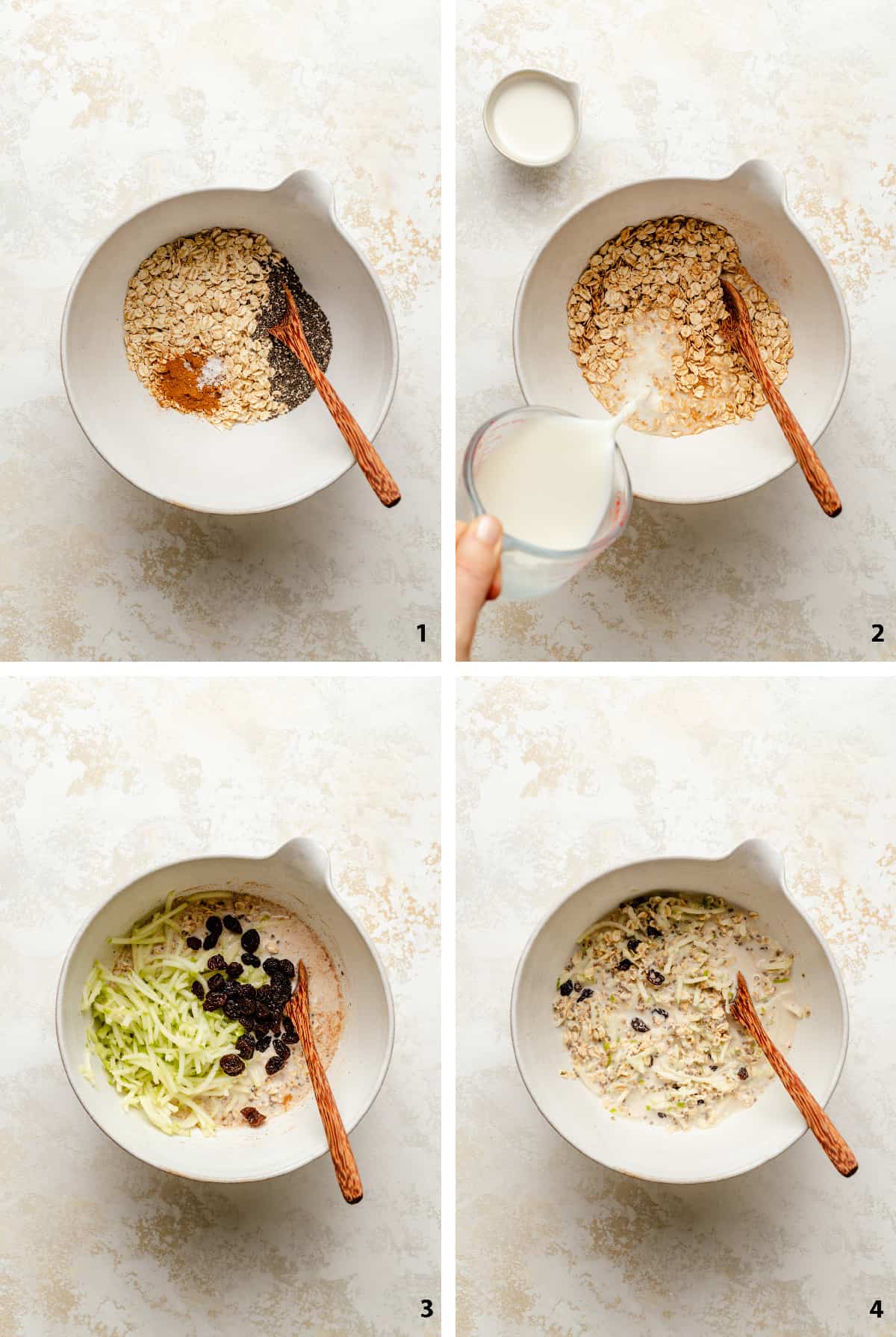 Process steps for making the apple cinnamon overnight oats, mixing the dry, adding milk, and stirring in the mix-ins.