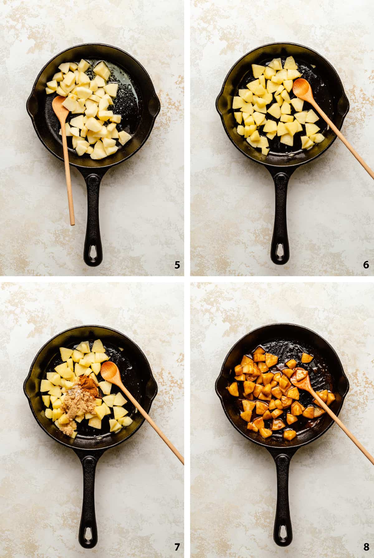 Process steps of making the apple cinnamon topping, sauteeing apples in butter, cooking in sugar and cinnamon. 