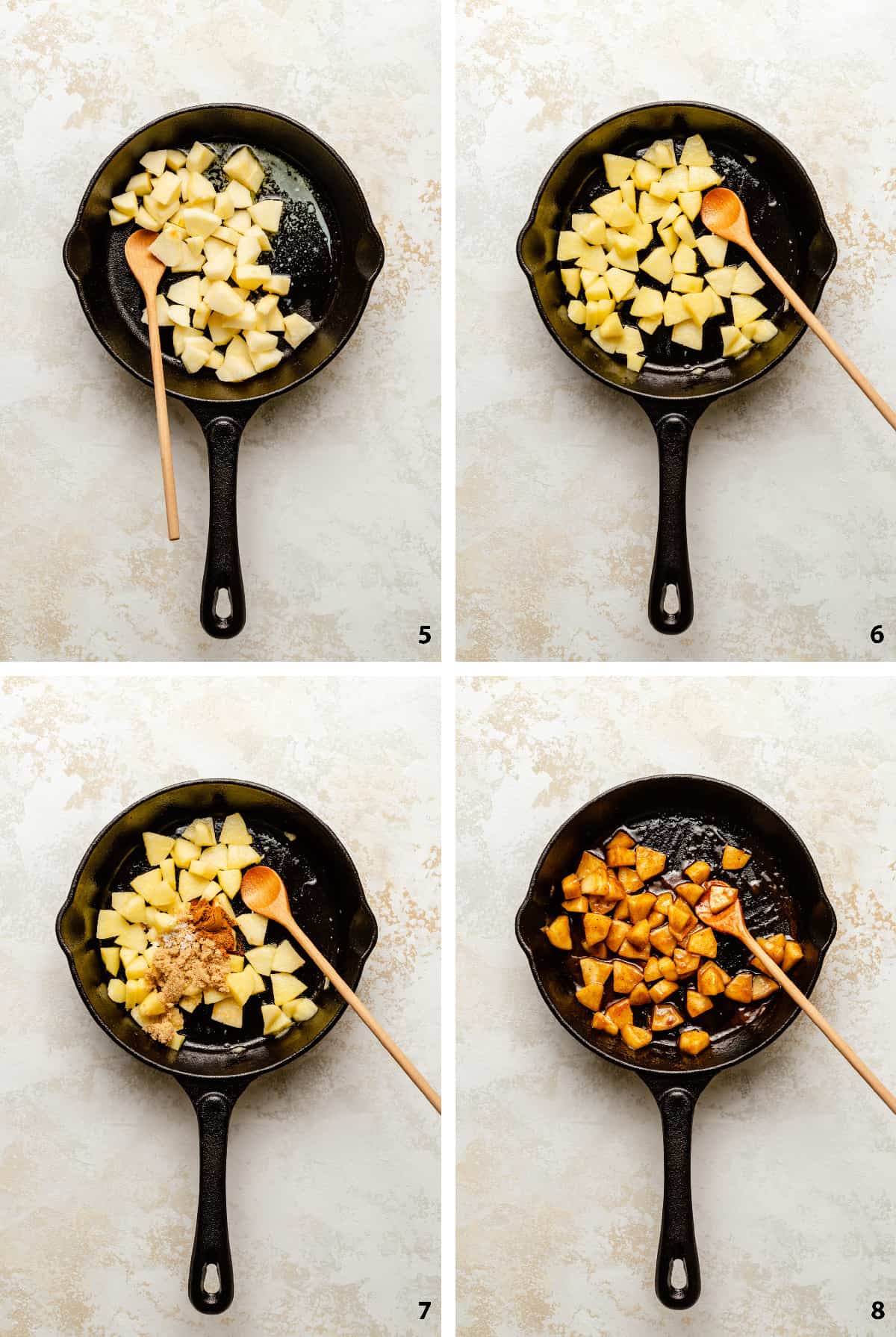 Process steps of making the apple cinnamon topping, sauteeing apples in butter, cooking in sugar and cinnamon.