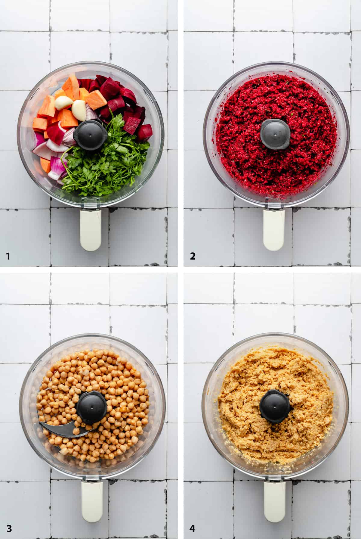 Process steps of blending the beetroot falafel mix up, and process steps of chickpeas being blended. 