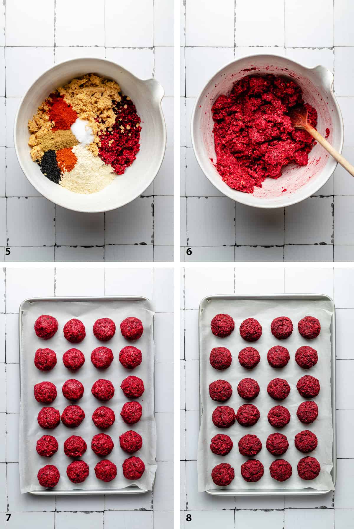 Process steps of all ingredients in a bowl, mixed together, scooped and rolled into balls then baked. 