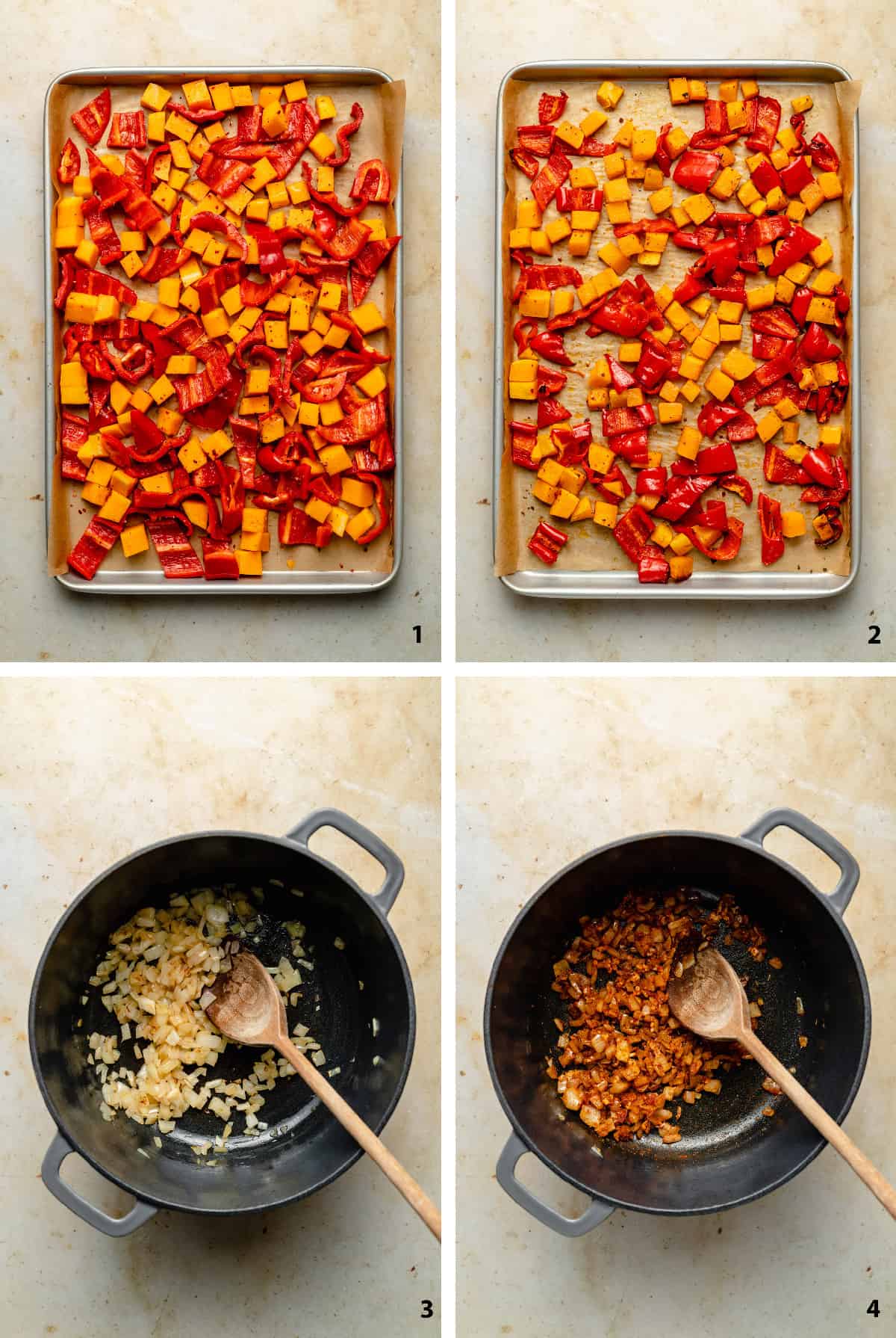 Process steps of roasting butternut squash and red peppers and sauteeing onion, garlic and spices. 